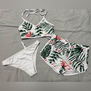 SHEIN Tropical Leaf Print Bikini Set - Green and Pink